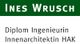 Text: "Ines Wrusch, Diplom Ingenieurin, Innenarchitektin HAK" auf grün-weißem Hintergrund.