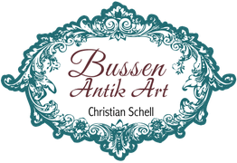 Verzierter Rahmen mit der Aufschrift "Bussen Antik Art, Christian Schell" in elegantem Stil.