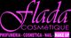 Logo di "flada COSMÉTIQUE" in rosa su sfondo nero con testo su profumeria e make-up.