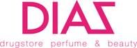 Logo met tekst "DIAS drugstore perfume & beauty" in roze letters.