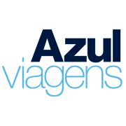 Logo da Azul Viagens com texto em azul escuro e claro sobre fundo branco.