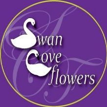 Logo with two white swans and "Swan Cove Flowers" text on a purple circle background.