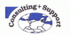 Logo mit Text "Consulting + Support" und einer Karte Europas in Blau und Weiß.