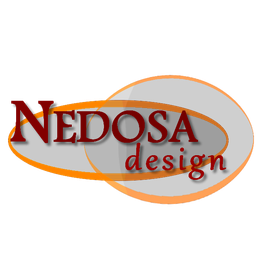Logo mit rotem Text "NEDOSA design" und grauen sowie orangen ovalen Formen im Hintergrund.