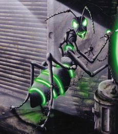 Futuristische Ameise mit leuchtenden grünen Augen und Streifen in einer urbanen Umgebung.