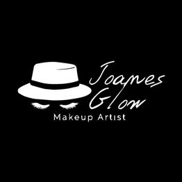 Logo avec chapeau, cils et texte "Joanes Glow Makeup Artist" sur fond noir.