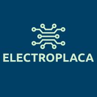 Logotipo de "ELECTROPLACA" con diseño de circuito en fondo azul oscuro.
