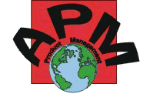Logo mit der Erde und den Buchstaben APM auf rotem Hintergrund.