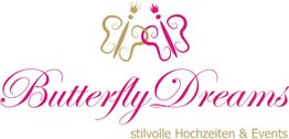 Logo von "Butterfly Dreams" in Pink und Gold mit Text "stilvolle Hochzeiten & Events".