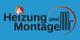 Logo mit Text "Heizung und Montage", Feuer- und Heizsymbol auf blauem Hintergrund.