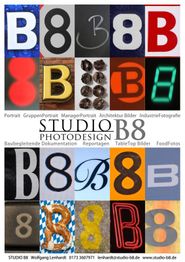 Bild mit verschiedenen Designs der Buchstaben B und 8, Studio B8, Photodesign, Kontaktdaten unten.