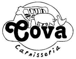 Logotipo de Carnisseria Cova con dibujos de una vaca, un cerdo y una gallina.