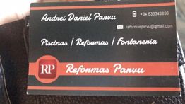 Tarjeta de "Reformas Parvu": Piscinas, Reformas, Fontanería. Contacto y correo electrónico visible.