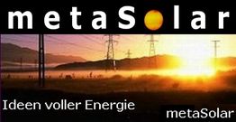 Logo von metaSolar mit Sonnenuntergang und Stromleitungen, Text: "Ideen voller Energie".