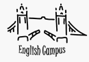 Strichzeichnung von Brücke und Türmen, darunter Text "English Campus".