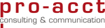 Rotes „pro-acct“ Logo mit grauem Text „consulting & communication“.
