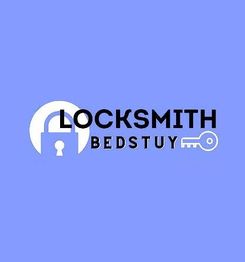 Logo with a padlock and key design, text "LOCKSMITH" and "BEDSTUY" on a blue background.