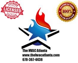 Licensed HVAC Atlanta logo with fire and frost graphic, satisfaction guaranteed badge.