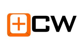 Logotipo con un cuadrado naranja con cruz y las letras "CW" en negro.