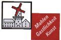 Bild einer Windmühle mit Text "Mahlen, Gastlichkeit, Kunst" auf rotem Hintergrund.