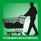 Silhouette eines Mannes mit Einkaufswagen und Text "Potsdamer-Einkaufsservice" auf grünem Hintergrund.