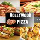 Pizza, lasagna, patatine fritte e hot dog con logo "Hollywood Pizza" al centro.