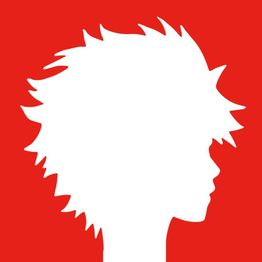 Weiße Silhouette eines kopfstehenden Profils mit zerzaustem Haar auf rotem Hintergrund.