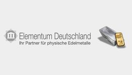 Logo von Elementum Deutschland mit Silberbarren und Goldtafel, Slogan: "Ihr Partner für Edelmetalle".