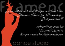 Rotes Silhouette einer Flamenco-Tänzerin, Text über Flamenco-Kurse und Kontaktinformationen.