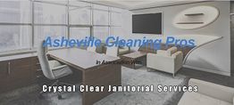 Office interior with text: "Asheville Cleaning Pros" and "Crystal Clear Janitorial Services."