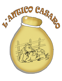 Logo "L'Antico Casaro" con una mucca disegnata su una forma di formaggio.