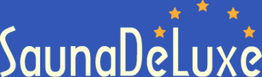 Logo mit dem Text "SaunaDeLuxe" und fünf orangefarbenen Sternen auf blauem Hintergrund.