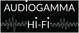 Logo Audiogamma Hi-Fi con onde sonore stilizzate su sfondo nero.