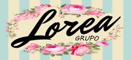 Texto "Lorea Grupo" con flores de fondo y rayas verticales en tonos crema y azul.