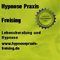 Grünes Banner: "Hypnose Praxis Freising, Lebensberatung und Hypnose", Website und Hypnotiseur-Siegel.