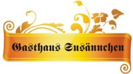 Goldenes Banner mit der Aufschrift "Gasthaus Susännchen" und floralen Verzierungen.