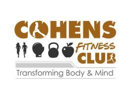 Logotipo de Cohen's Fitness Club con la frase "Transforming Body & Mind" y varios iconos de fitness.