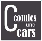 Schwarzes Quadrat mit weißem Text: "Comics und Cars", das C ist groß hervorgehoben.