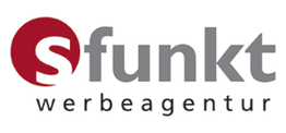 Logo der Werbeagentur "Sfunkt" mit rotem Kreis und grauem Text auf weißem Hintergrund.