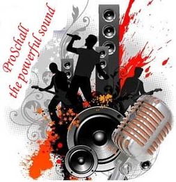 Bunte Musikgrafik mit Mikrofon, Lautsprechern und Silhouetten von Musikern. Text: "ProSchall".