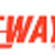 Fastway Couriers Logo: Läufer mit zwei Paketen und Text "FASTWAY COURIERS" in Rot und Blau.