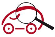 Rotes Auto-Symbol mit einer Lupe, die auf das Auto gerichtet ist.