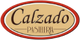 Logotipo ovalado de "Calzado Pastelería" con bordes rojos y fondo beige.