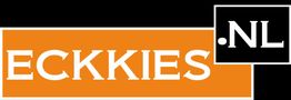 Logo met oranje rechthoek en witte tekst "ECKKIES," met zwarte hoek en ".NL" rechtsboven.