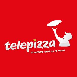 Logo de Telepizza con figura lanzando una masa, fondo rojo. Texto: "el secreto está en la masa".