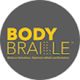 Gray circle with "Body Braille" text in yellow and a slogan beneath.