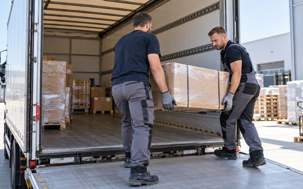 Zwei Speditionsmitarbeiter tragen gemeinsam ein schweres, verpacktes Frachtstück in einen halb beladenen Lkw. Die offene Ladefläche zeigt mehrere bereits verladenen Paletten und symbolisiert eine Teilladung.