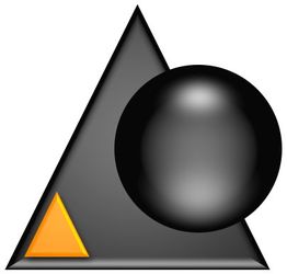 Schwarzes Dreieck mit großer grauer Kugel und kleinem gelben Dreieck innen.