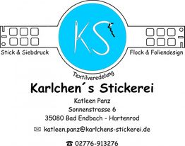 Geschäftslogo von Karlchens Stickerei mit Kontaktinfos und Textilveredelungsarten.