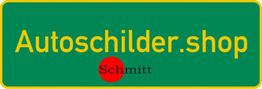 Gelbes und rotes Logo auf grünem Hintergrund mit der Aufschrift "Autoschilder.shop Schmitt".